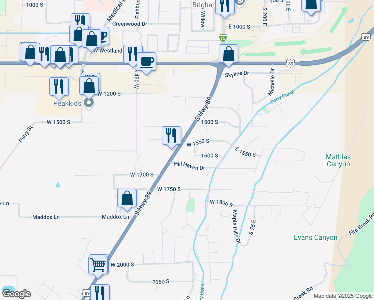 map of restaurants, bars, coffee shops, grocery stores, and more near 1571 South Highway 89 in Perry
