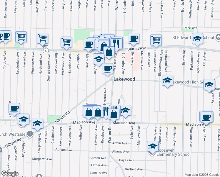 map of restaurants, bars, coffee shops, grocery stores, and more near 1561 Victoria Avenue in Lakewood