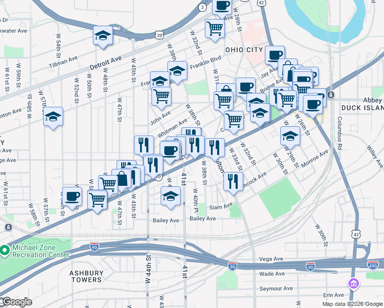 map of restaurants, bars, coffee shops, grocery stores, and more near 3900 Lorain Avenue in Cleveland