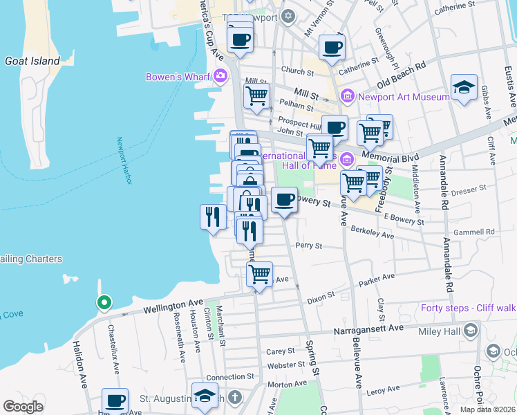 map of restaurants, bars, coffee shops, grocery stores, and more near 448 Thames Street in Newport