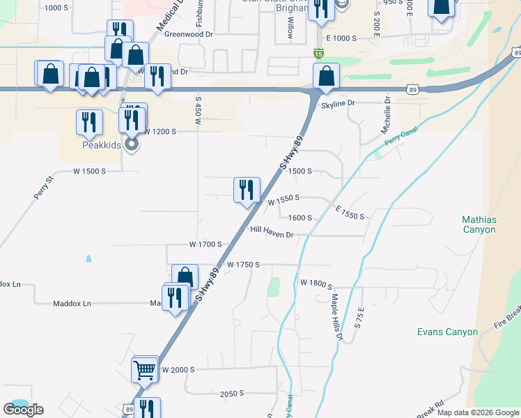 map of restaurants, bars, coffee shops, grocery stores, and more near 1571 South Highway 89 in Perry