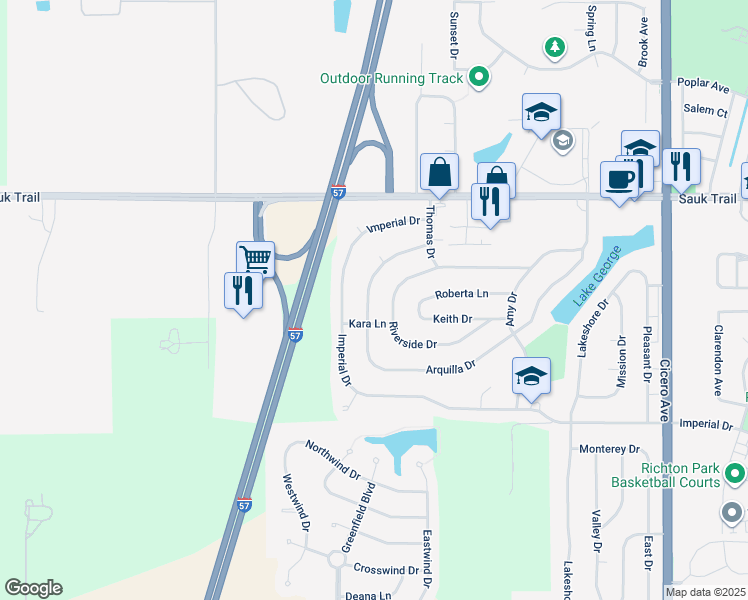 map of restaurants, bars, coffee shops, grocery stores, and more near 22457 Arquilla Drive in Richton Park