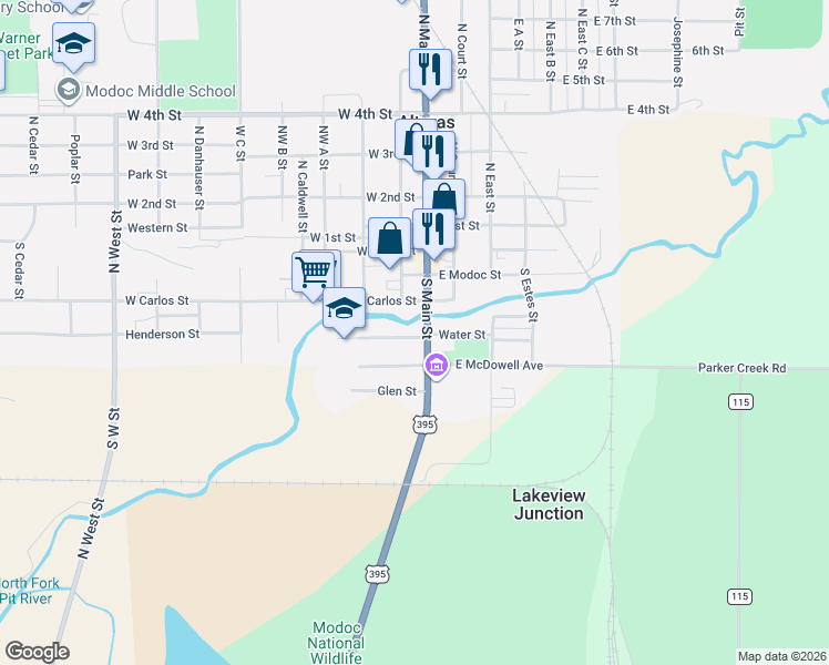 map of restaurants, bars, coffee shops, grocery stores, and more near 102 Henderson Street in Alturas