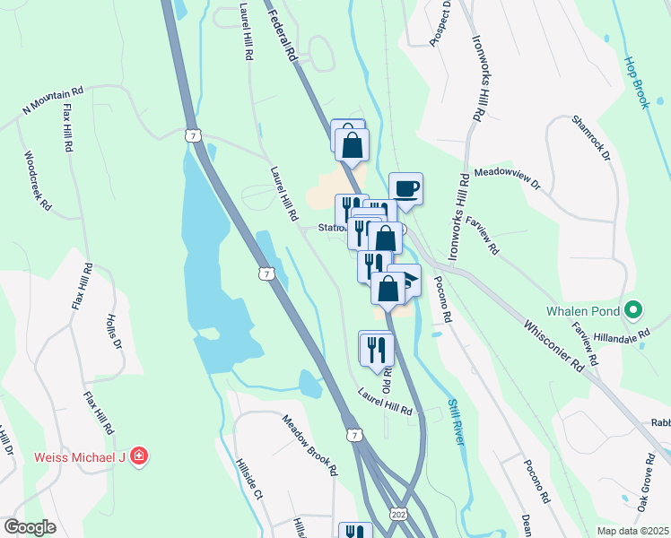 map of restaurants, bars, coffee shops, grocery stores, and more near 81 Laurel Hill Road in Brookfield