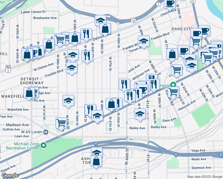 map of restaurants, bars, coffee shops, grocery stores, and more near 1907 West 47th Street in Cleveland