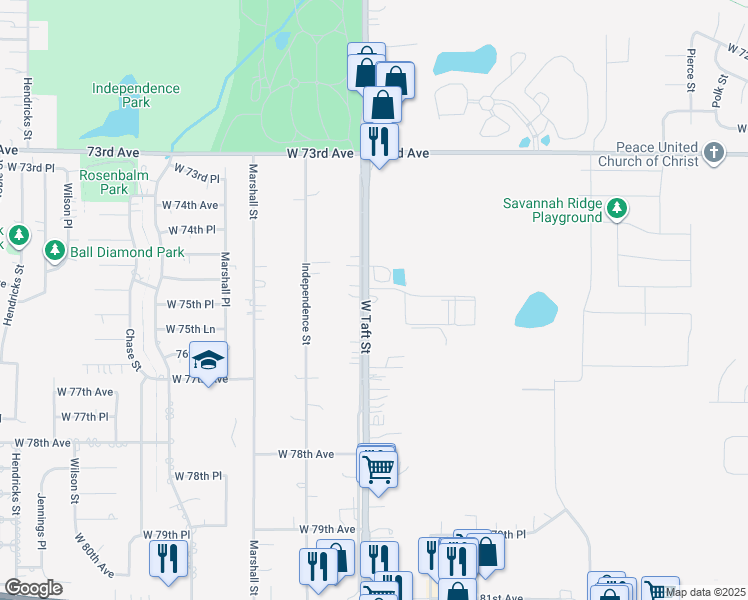 map of restaurants, bars, coffee shops, grocery stores, and more near 7505 Taft Street in Merrillville