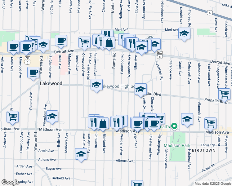 map of restaurants, bars, coffee shops, grocery stores, and more near 1561 Bunts Road in Lakewood