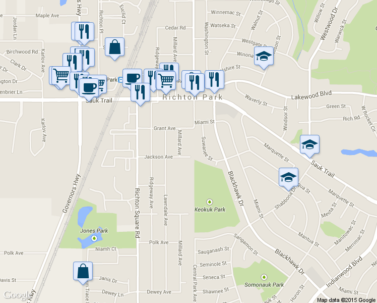 map of restaurants, bars, coffee shops, grocery stores, and more near 3616 Jackson Avenue in Richton Park