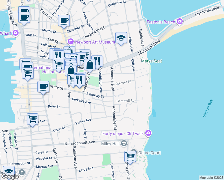map of restaurants, bars, coffee shops, grocery stores, and more near 41 Annandale Road in Newport