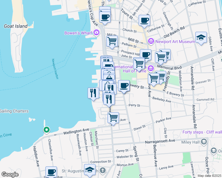 map of restaurants, bars, coffee shops, grocery stores, and more near 448 Thames Street in Newport