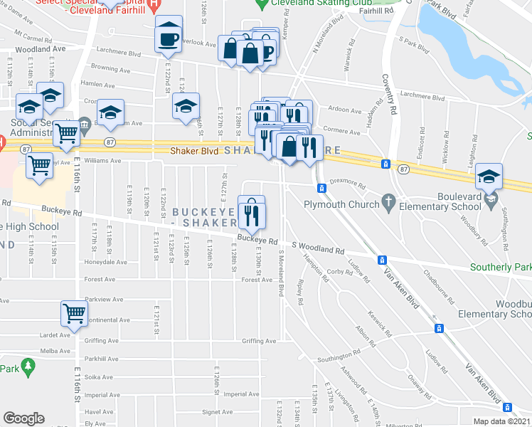 map of restaurants, bars, coffee shops, grocery stores, and more near 2852 South Moreland Boulevard in Cleveland