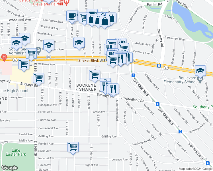 map of restaurants, bars, coffee shops, grocery stores, and more near 2829 East 128th Street in Cleveland