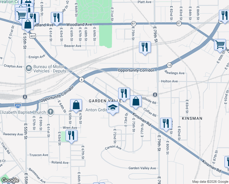 map of restaurants, bars, coffee shops, grocery stores, and more near 7106 Colfax Road in Cleveland
