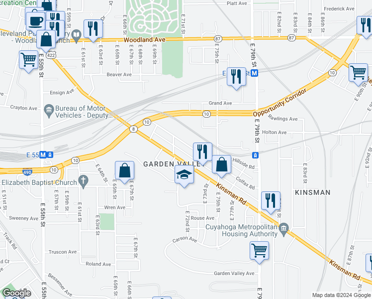 map of restaurants, bars, coffee shops, grocery stores, and more near 7106 Colfax Road in Cleveland