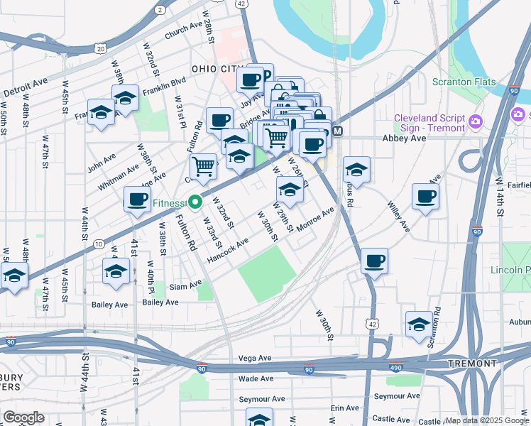 map of restaurants, bars, coffee shops, grocery stores, and more near 2150 West 29th Street in Cleveland