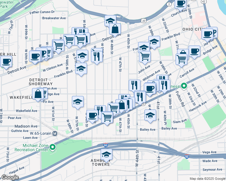 map of restaurants, bars, coffee shops, grocery stores, and more near 189 Bridge Court in Cleveland