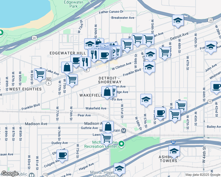 map of restaurants, bars, coffee shops, grocery stores, and more near in Cleveland