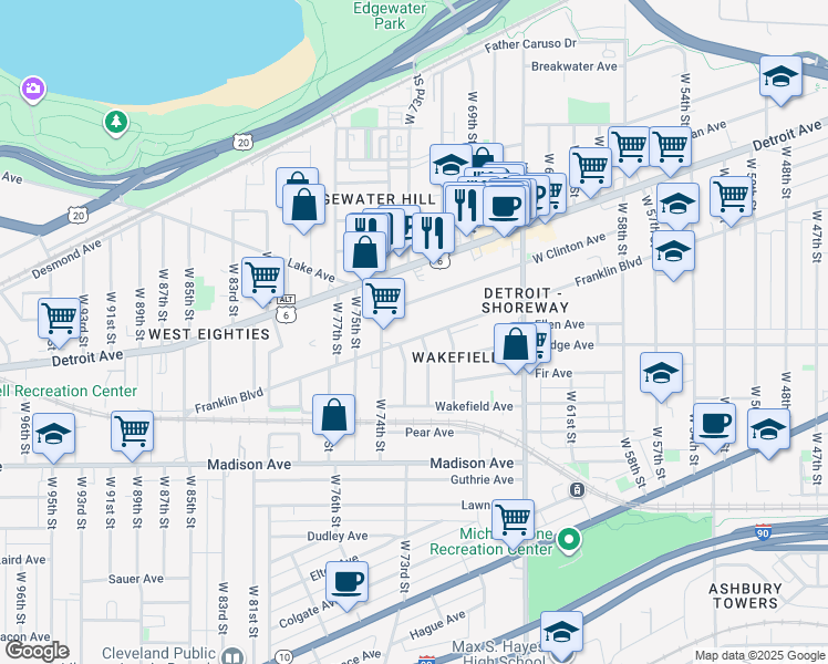 map of restaurants, bars, coffee shops, grocery stores, and more near 7210 Franklin Boulevard in Cleveland