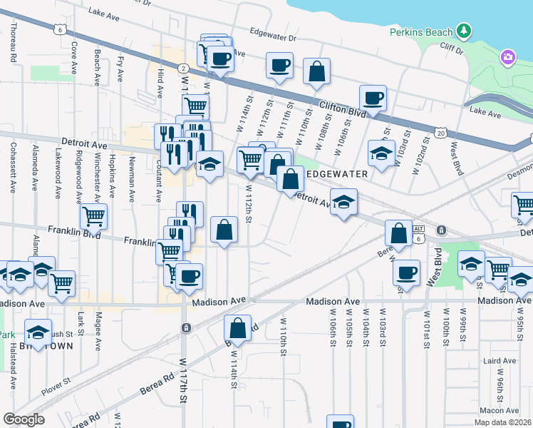 map of restaurants, bars, coffee shops, grocery stores, and more near 1438 West 110th Street in Cleveland