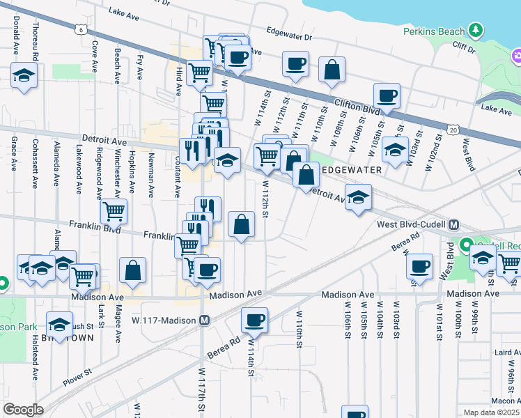 map of restaurants, bars, coffee shops, grocery stores, and more near 1458 West 112th Street in Cleveland