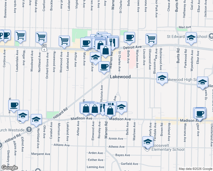 map of restaurants, bars, coffee shops, grocery stores, and more near 1561 Victoria Avenue in Lakewood