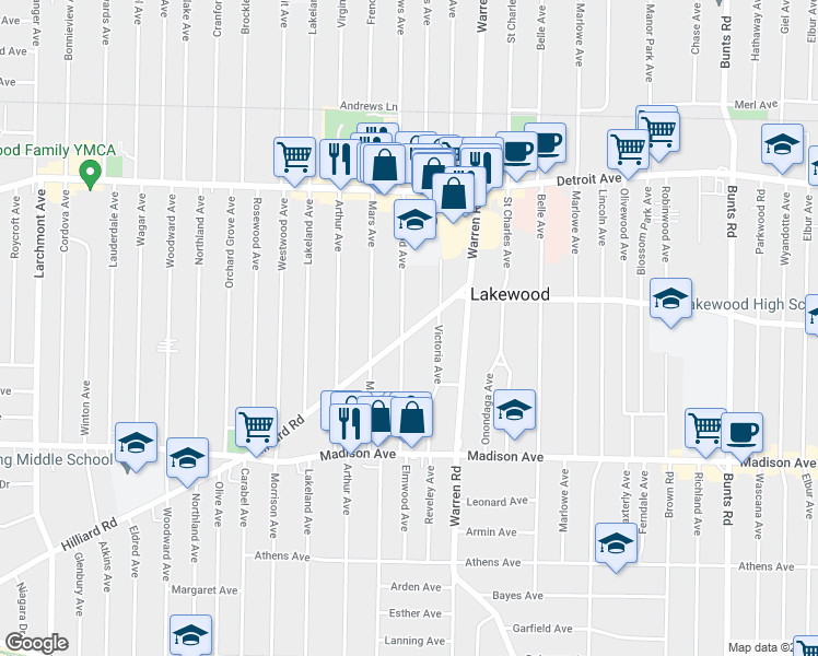 map of restaurants, bars, coffee shops, grocery stores, and more near 1538 Elmwood Avenue in Lakewood