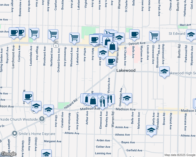 map of restaurants, bars, coffee shops, grocery stores, and more near 1538 Elmwood Avenue in Lakewood