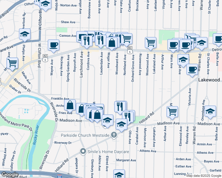map of restaurants, bars, coffee shops, grocery stores, and more near 1552 Wagar Avenue in Lakewood