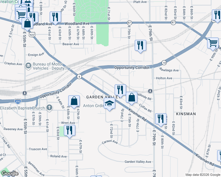 map of restaurants, bars, coffee shops, grocery stores, and more near 7106 Colfax Road in Cleveland