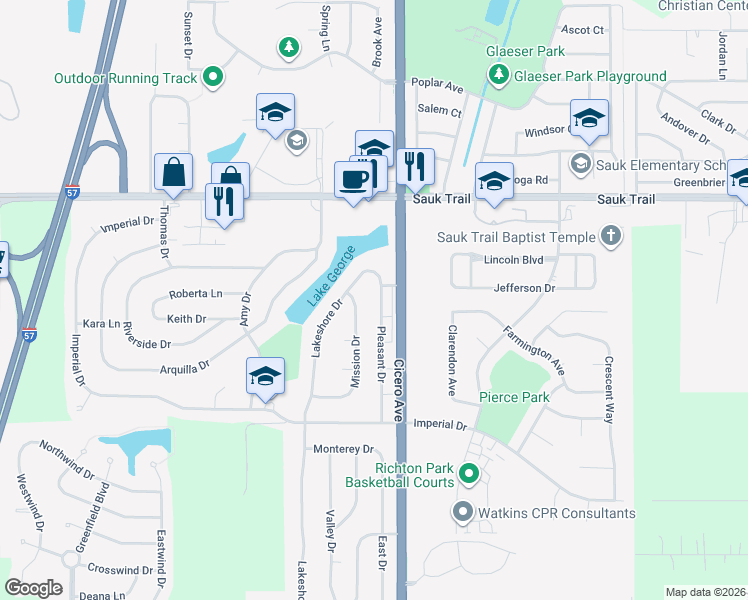 map of restaurants, bars, coffee shops, grocery stores, and more near 22454 Pleasant Drive in Richton Park