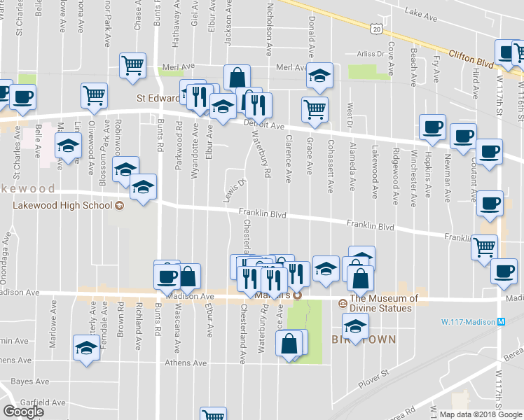 map of restaurants, bars, coffee shops, grocery stores, and more near 1540 Waterbury Road in Lakewood
