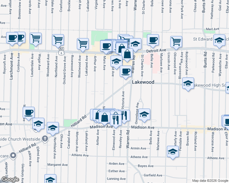 map of restaurants, bars, coffee shops, grocery stores, and more near 1547 Elmwood Avenue in Lakewood