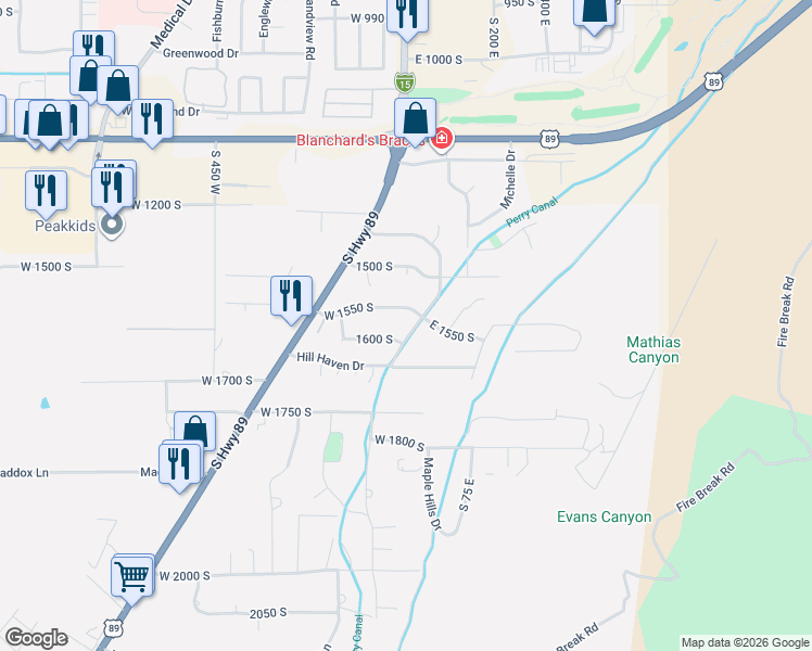 map of restaurants, bars, coffee shops, grocery stores, and more near 1565 South 1425 East in Brigham City
