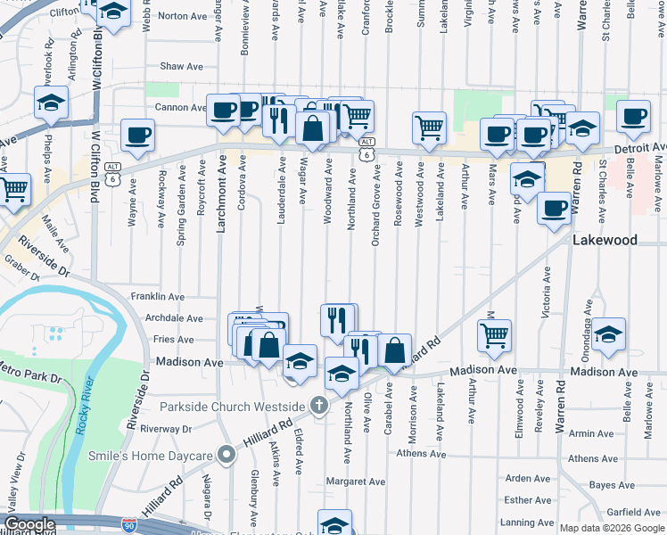 map of restaurants, bars, coffee shops, grocery stores, and more near 1551 Woodward Avenue in Lakewood