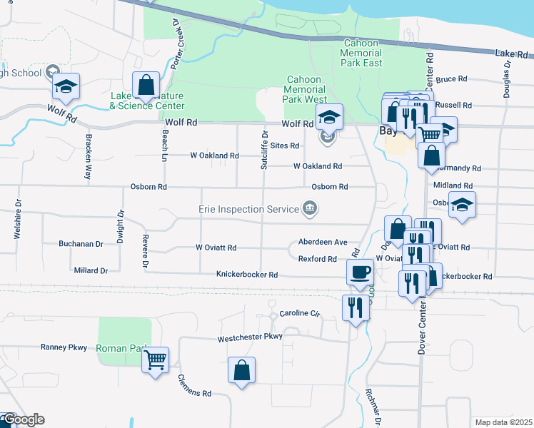 map of restaurants, bars, coffee shops, grocery stores, and more near 28022 Lincoln Road in Bay Village