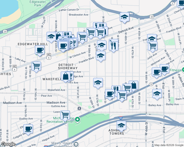 map of restaurants, bars, coffee shops, grocery stores, and more near 1861 West 58th Street in Cleveland