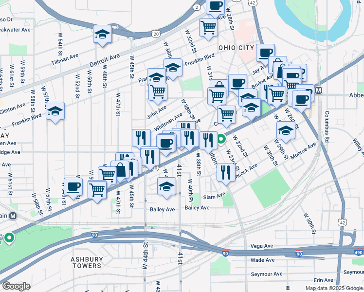 map of restaurants, bars, coffee shops, grocery stores, and more near 3818 Lorain Avenue in Cleveland