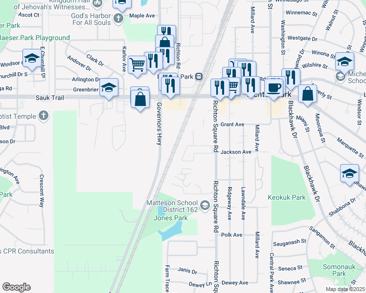 map of restaurants, bars, coffee shops, grocery stores, and more near 22432 Regency Drive in Richton Park