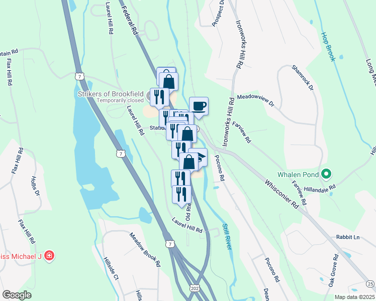 map of restaurants, bars, coffee shops, grocery stores, and more near 791 Federal Road in Brookfield