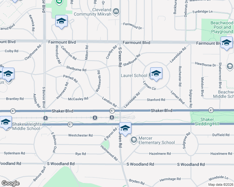 map of restaurants, bars, coffee shops, grocery stores, and more near 2730 Green Road in Shaker Heights