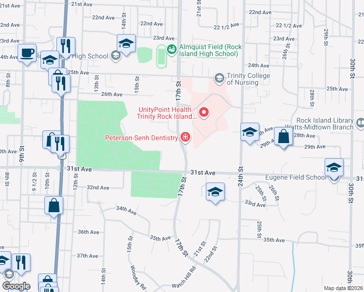 map of restaurants, bars, coffee shops, grocery stores, and more near 2826 17th Street in Rock Island