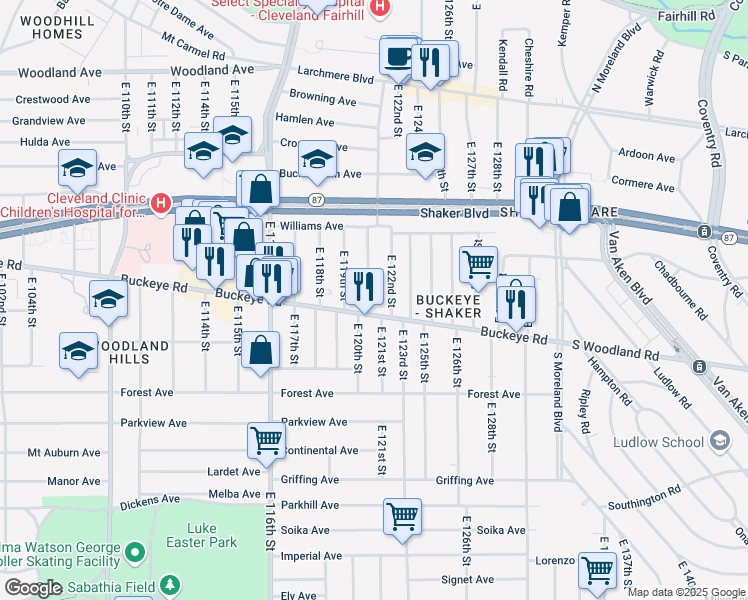 map of restaurants, bars, coffee shops, grocery stores, and more near 2845 East 120th Street in Cleveland