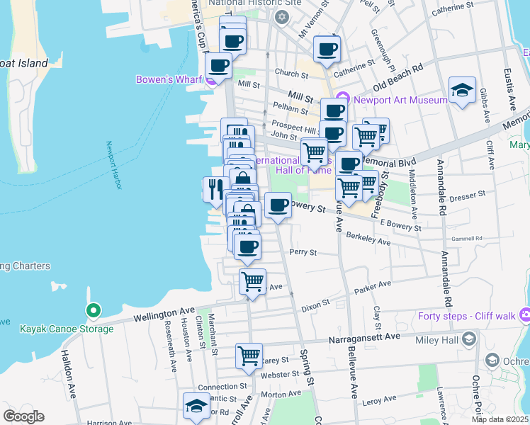 map of restaurants, bars, coffee shops, grocery stores, and more near 37 Howard Street in Newport