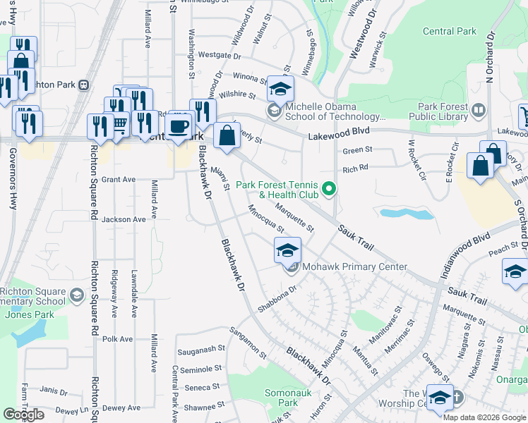 map of restaurants, bars, coffee shops, grocery stores, and more near 332 Minocqua Street in Park Forest