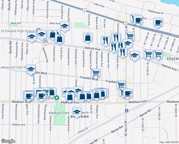 map of restaurants, bars, coffee shops, grocery stores, and more near 1510 Ridgewood Avenue in Lakewood
