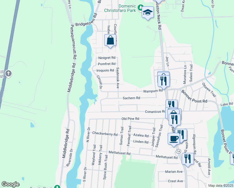 map of restaurants, bars, coffee shops, grocery stores, and more near 32 Saybrook Avenue in Narragansett