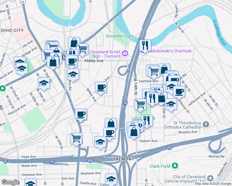 map of restaurants, bars, coffee shops, grocery stores, and more near 2301 Scranton Road in Cleveland