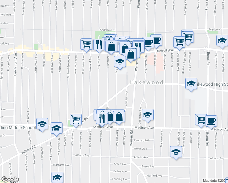 map of restaurants, bars, coffee shops, grocery stores, and more near 1538 Elmwood Avenue in Lakewood
