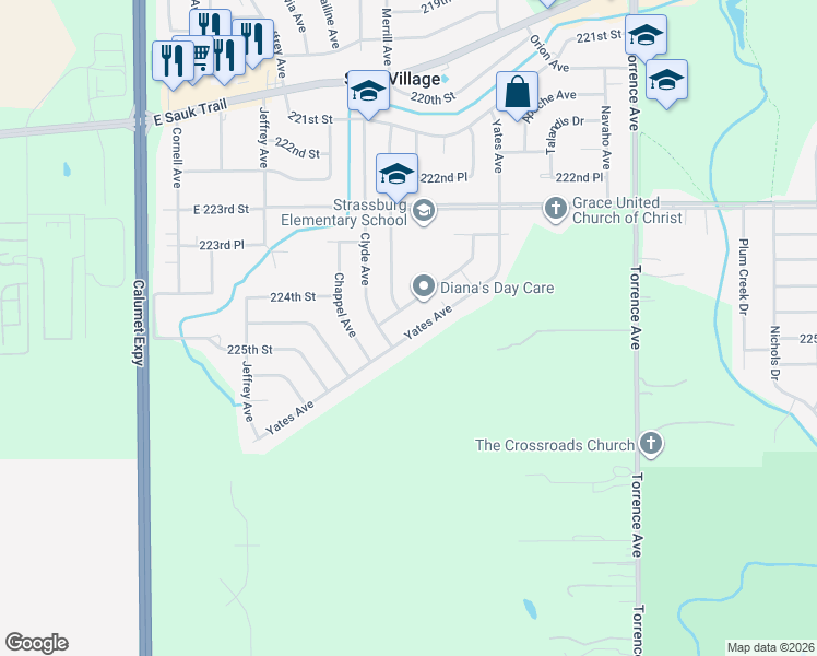 map of restaurants, bars, coffee shops, grocery stores, and more near 22450 Yates Avenue in Sauk Village