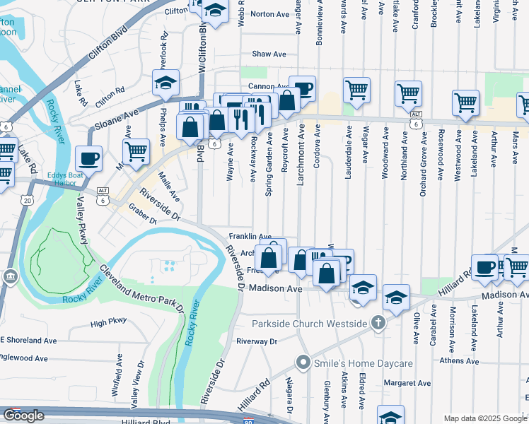 map of restaurants, bars, coffee shops, grocery stores, and more near 1540 Spring Garden Avenue in Lakewood